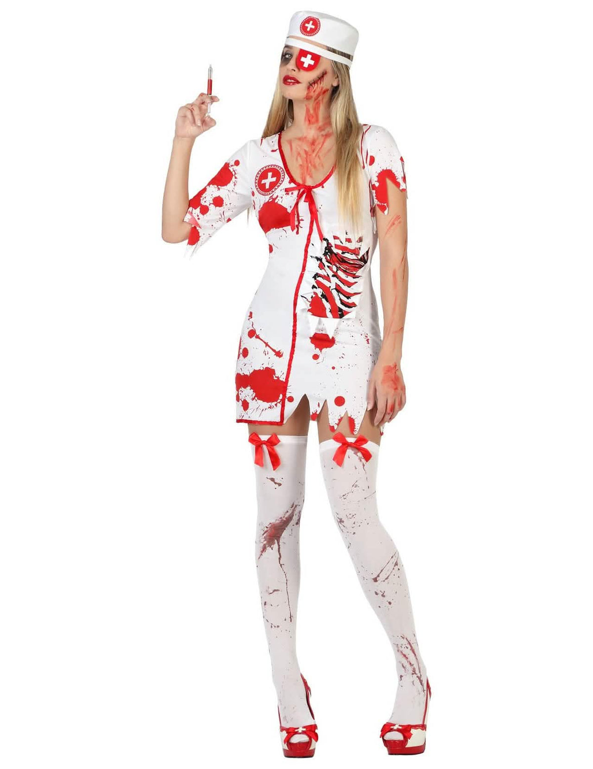 Disfarce de enfermeira ensanguentada para mulher branco e vermelho com touca