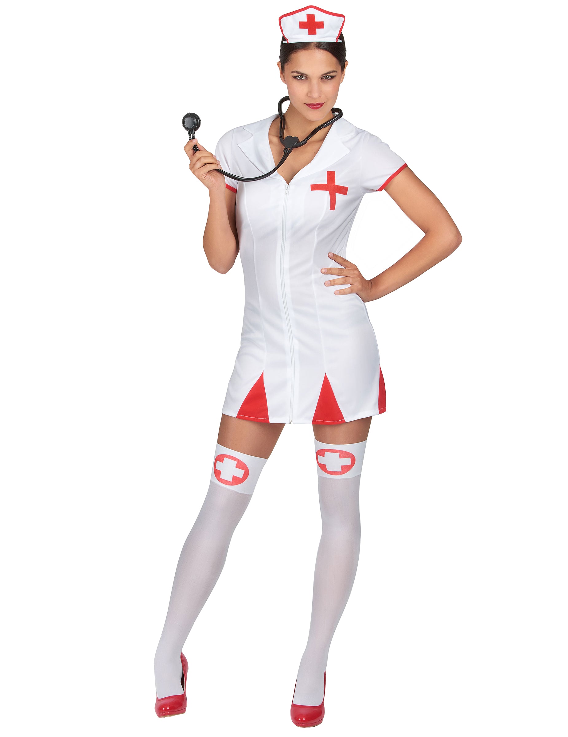 Déguisement infirmière robe courte pour femme blanc et rouge
