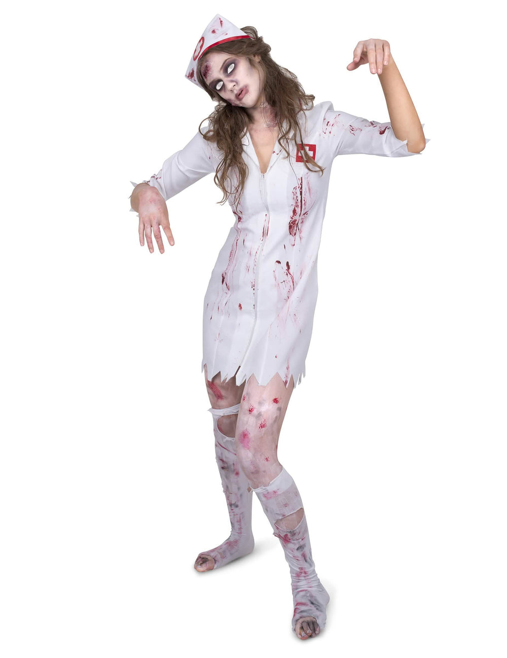 Déguisement infirmière zombifiée pour femme blanc ensanglanté avec coiffe