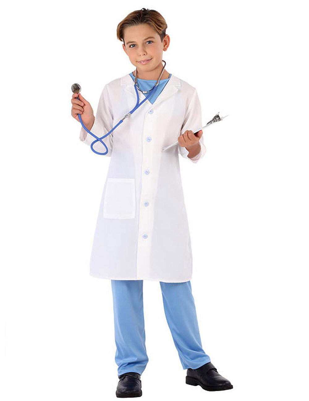 Vue de face avec stéthoscope et porte-bloc du déguisement de docteur pour enfant