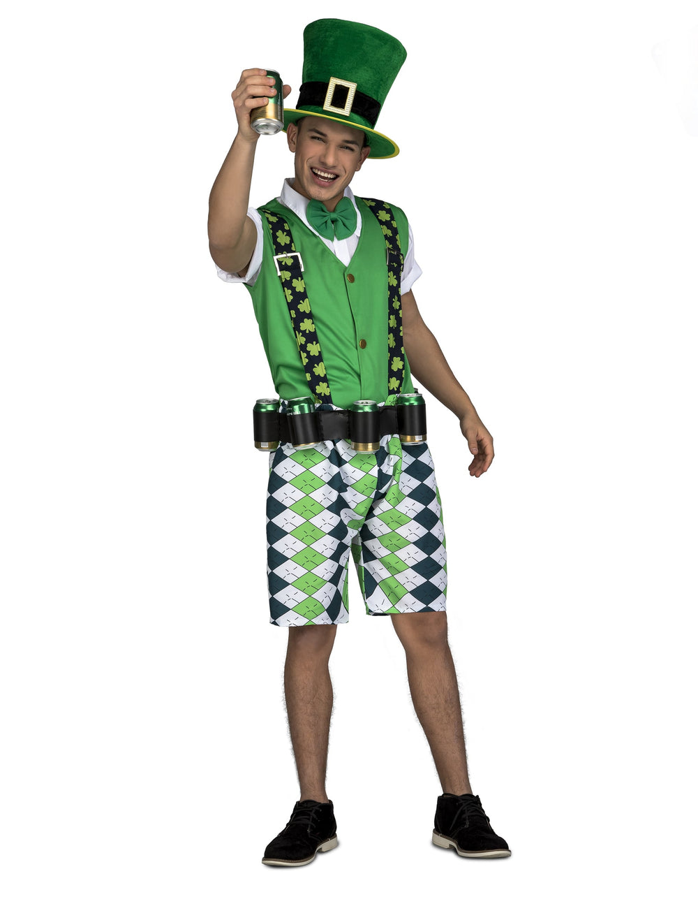 Déguisement Irlandais avec ceinture de bière pour adulte vert avec gilet et bermuda à carreaux