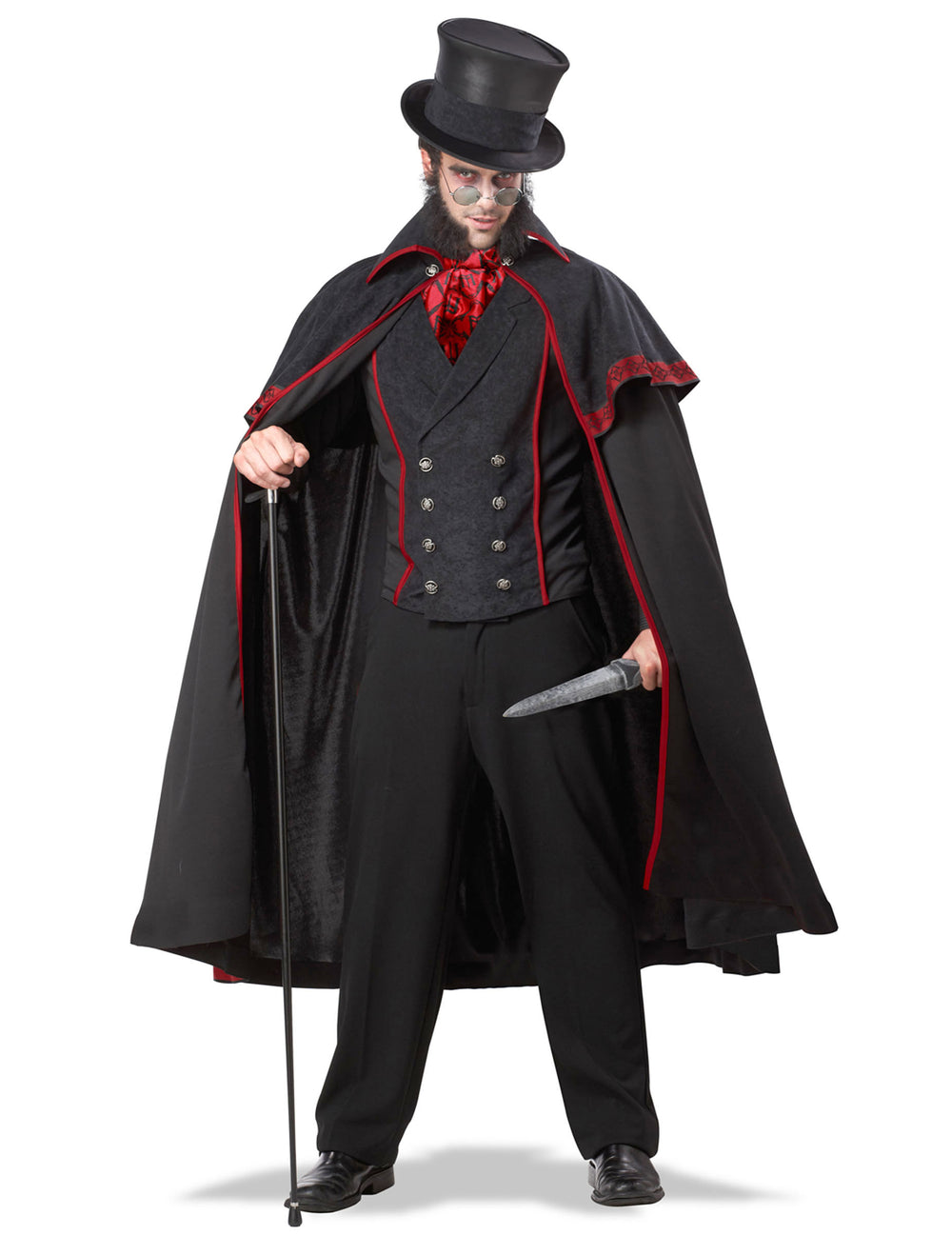 Déguisement Jack l'Eventreur pour homme noir et rouge avec cape et chapeau
