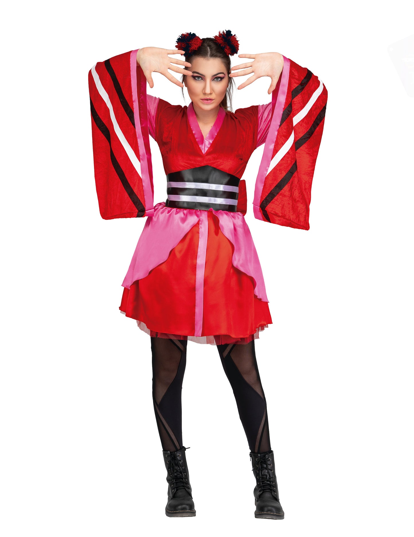 Déguisement japonaise pour femme rouge et rose avec larges manches rayées
