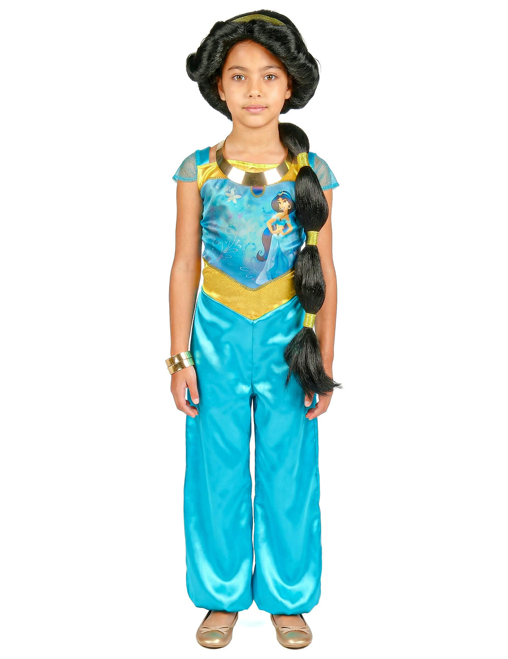 Vue de face avec perruque et accessoires du déguisement de Jasmine™ pour enfant