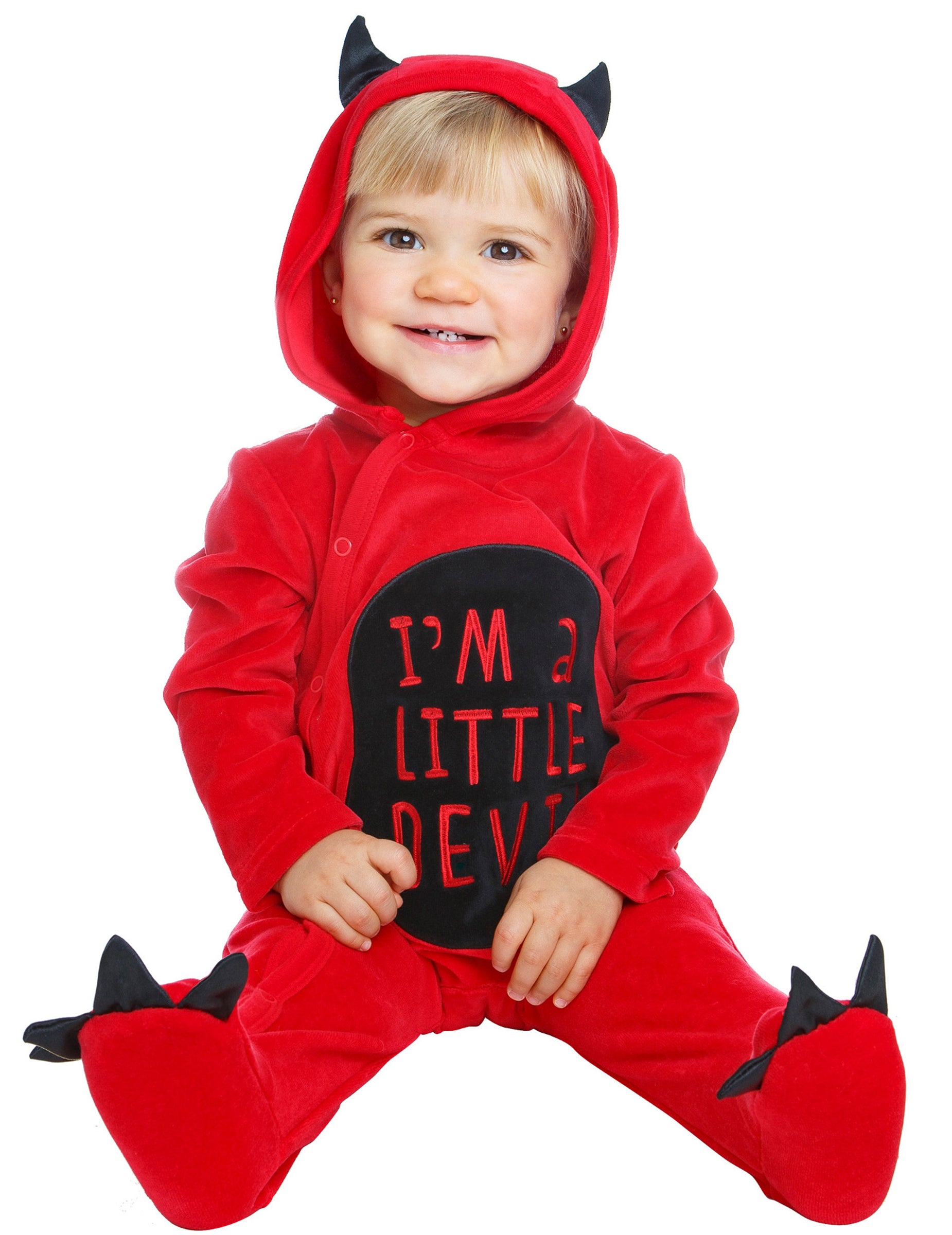 Déguisement je suis un petit diable pour bébé rouge et noir avec capuche à cornes