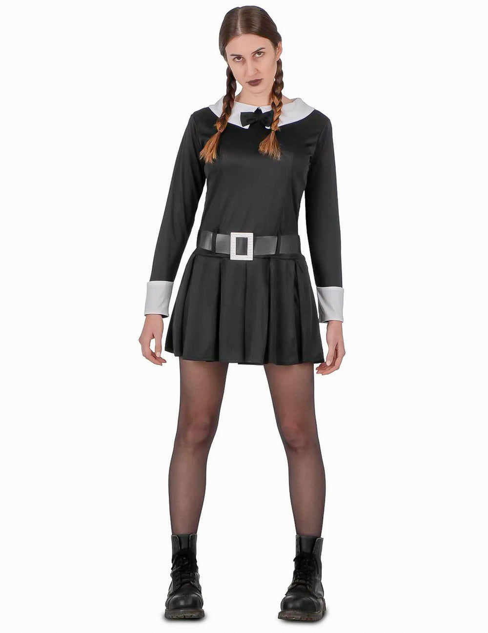 Déguisement jeune fille sinistre pour femme noir et blanc avec ceinture