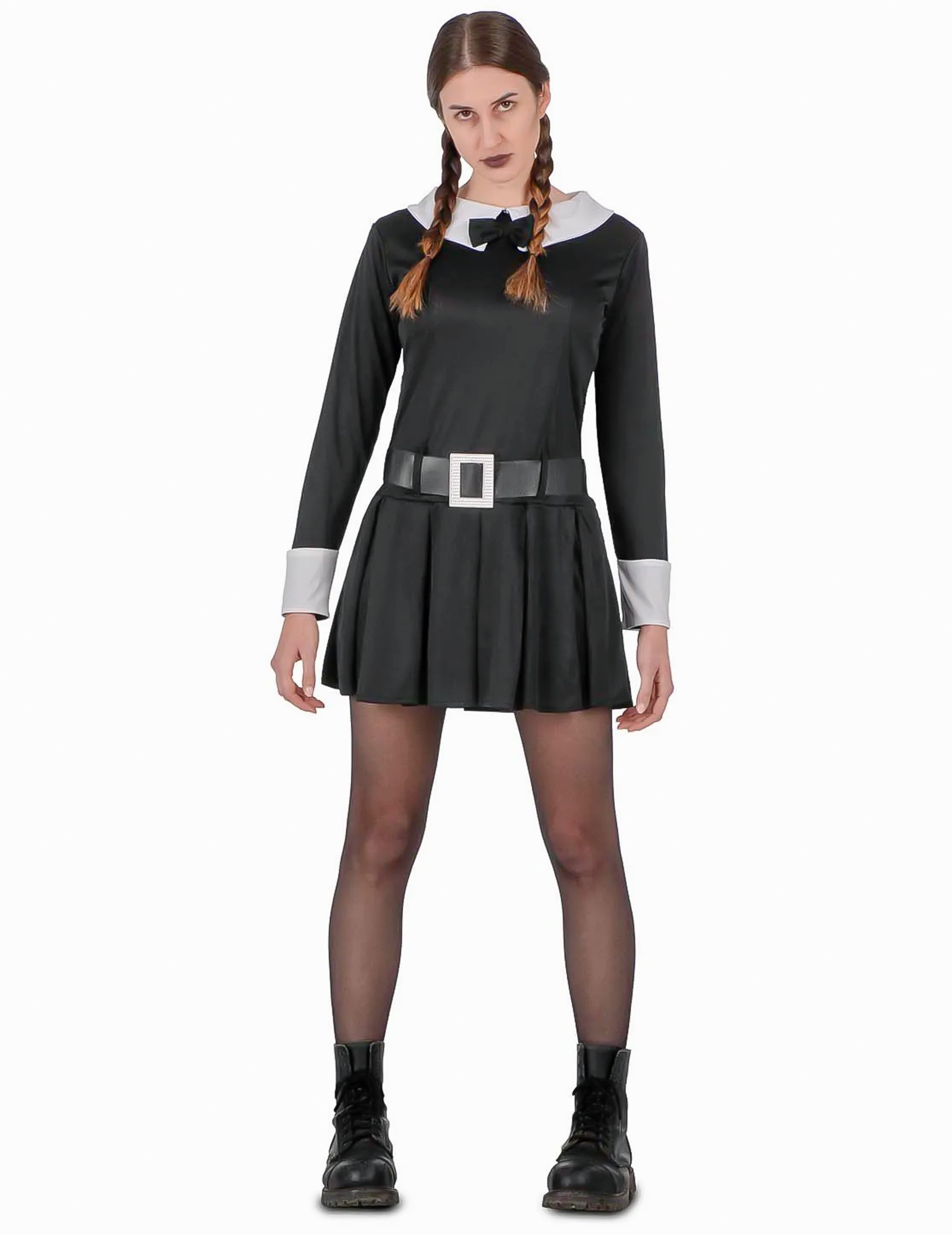 Déguisement jeune fille sinistre pour femme noir et blanc avec ceinture