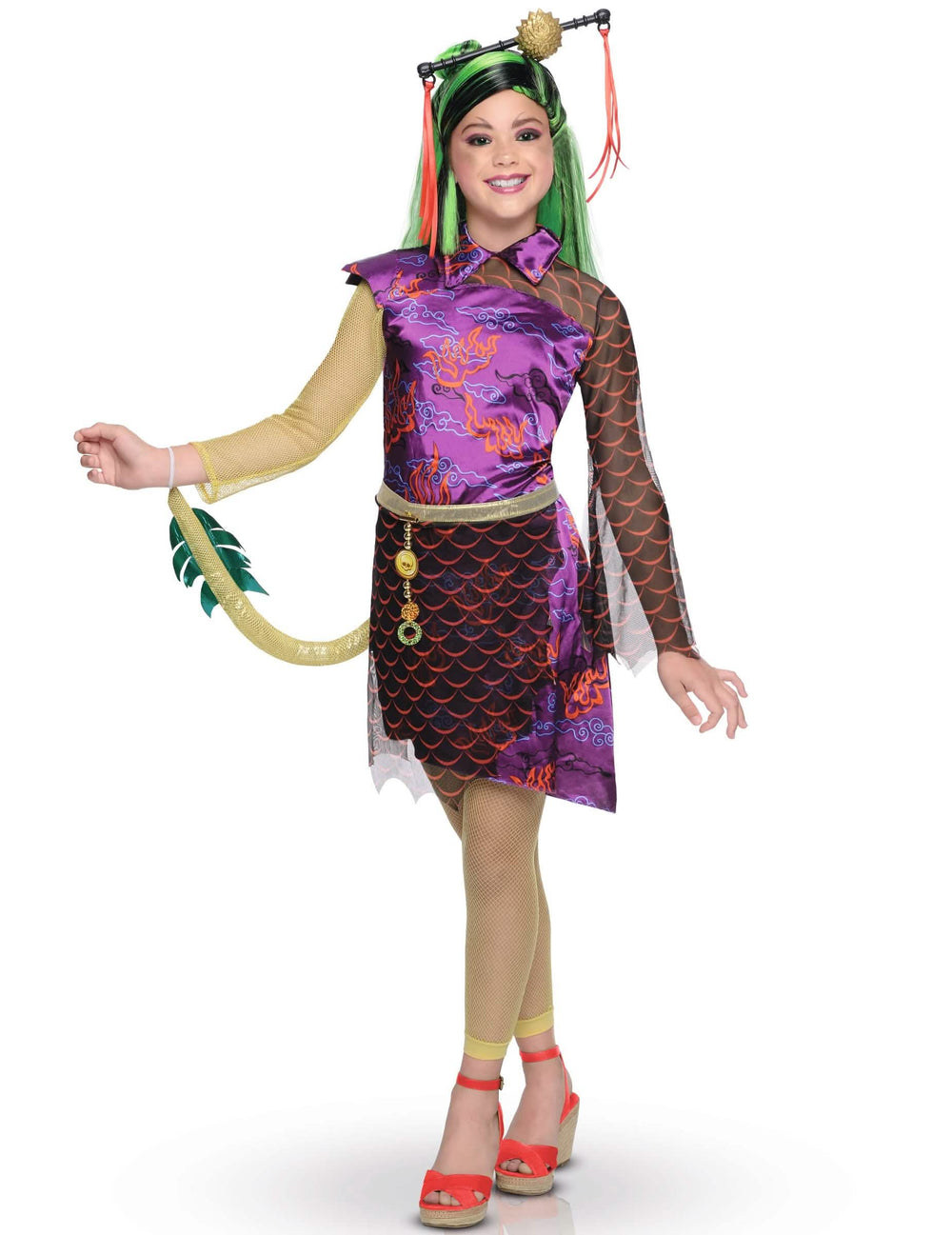 Fato de luxo Jinafire Monster High™ para menina roxo e verde com cauda dourada