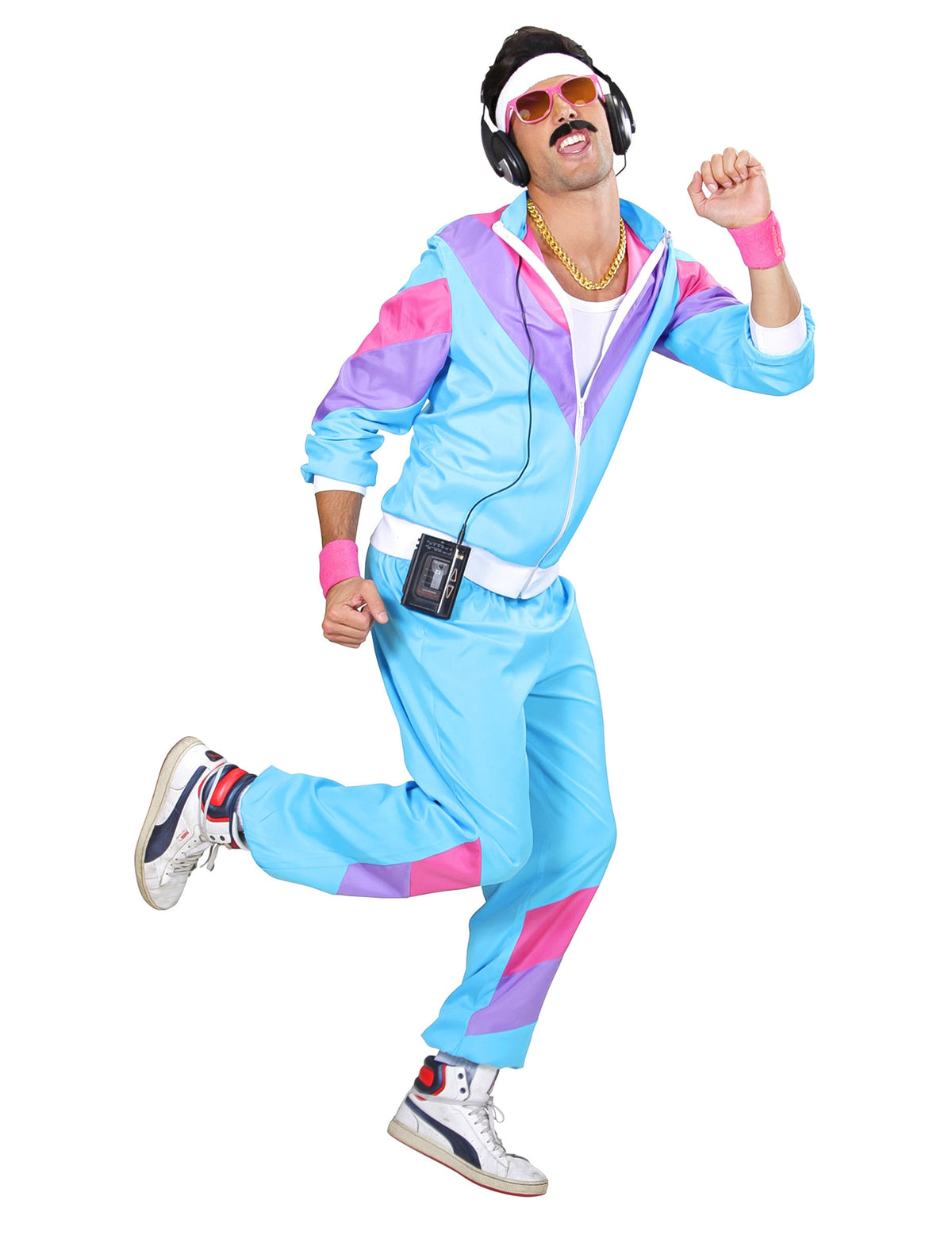 Vue de face en mouvement du déguisement jogging 80's pour homme