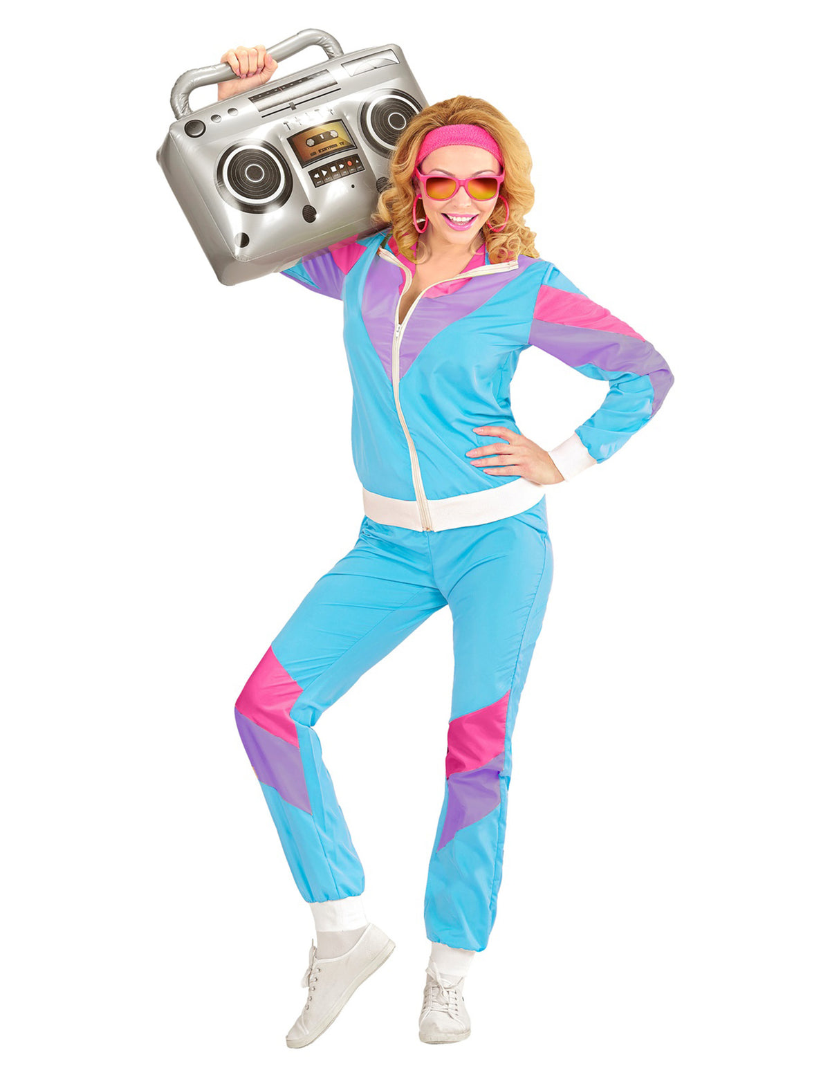 Pose avec radio gonflable du déguisement jogging 80's pour homme