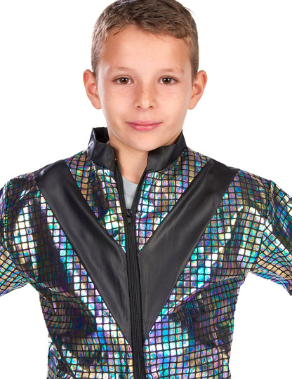 Gros plan sur le haut de la veste du déguisement jogging disco années 80 adolescent