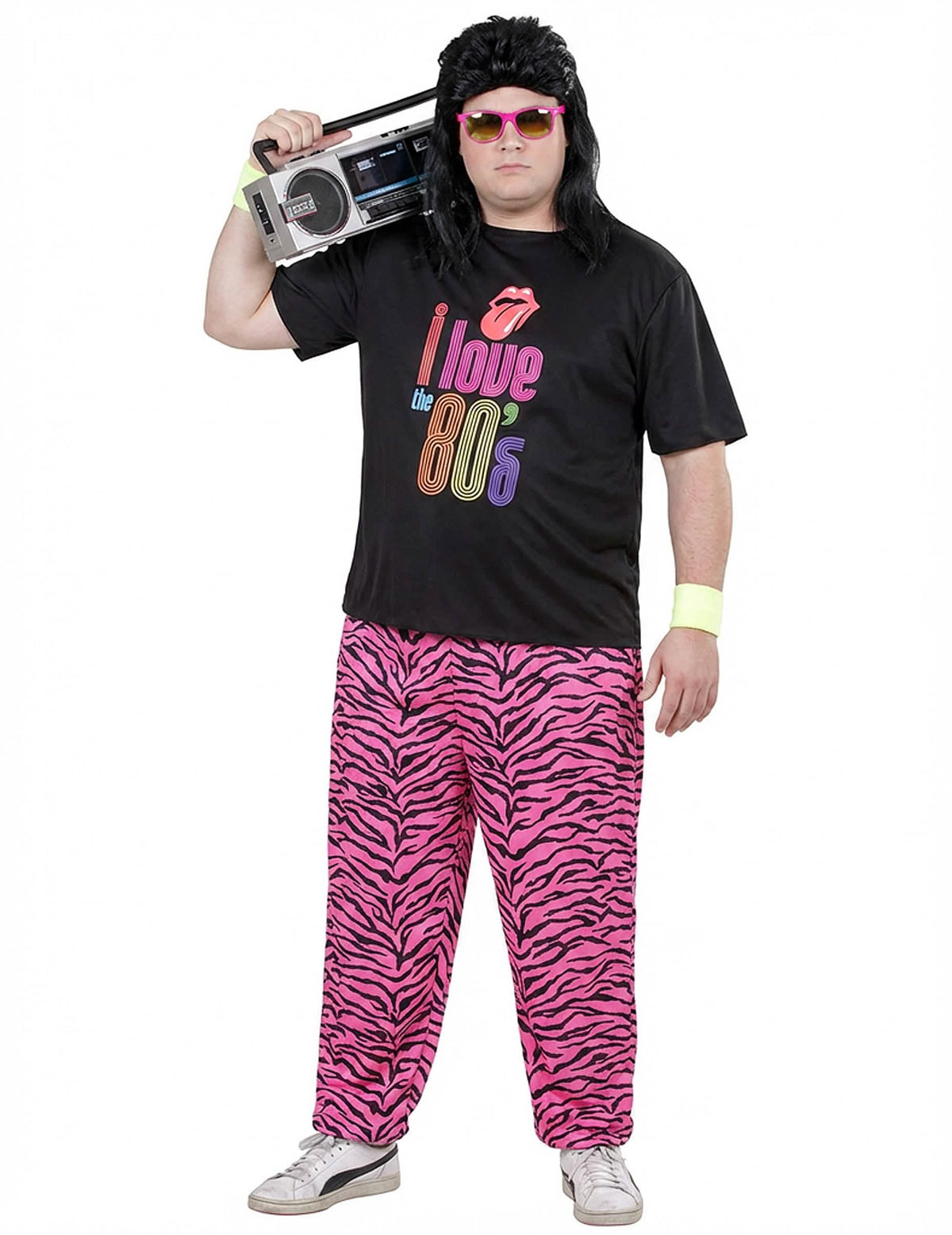 Fato de treino I love 80's para homem preto e cor de rosa com calças às riscas de zebra