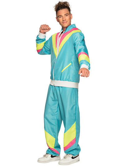 Disfarce de jogging retro azul néon para homem