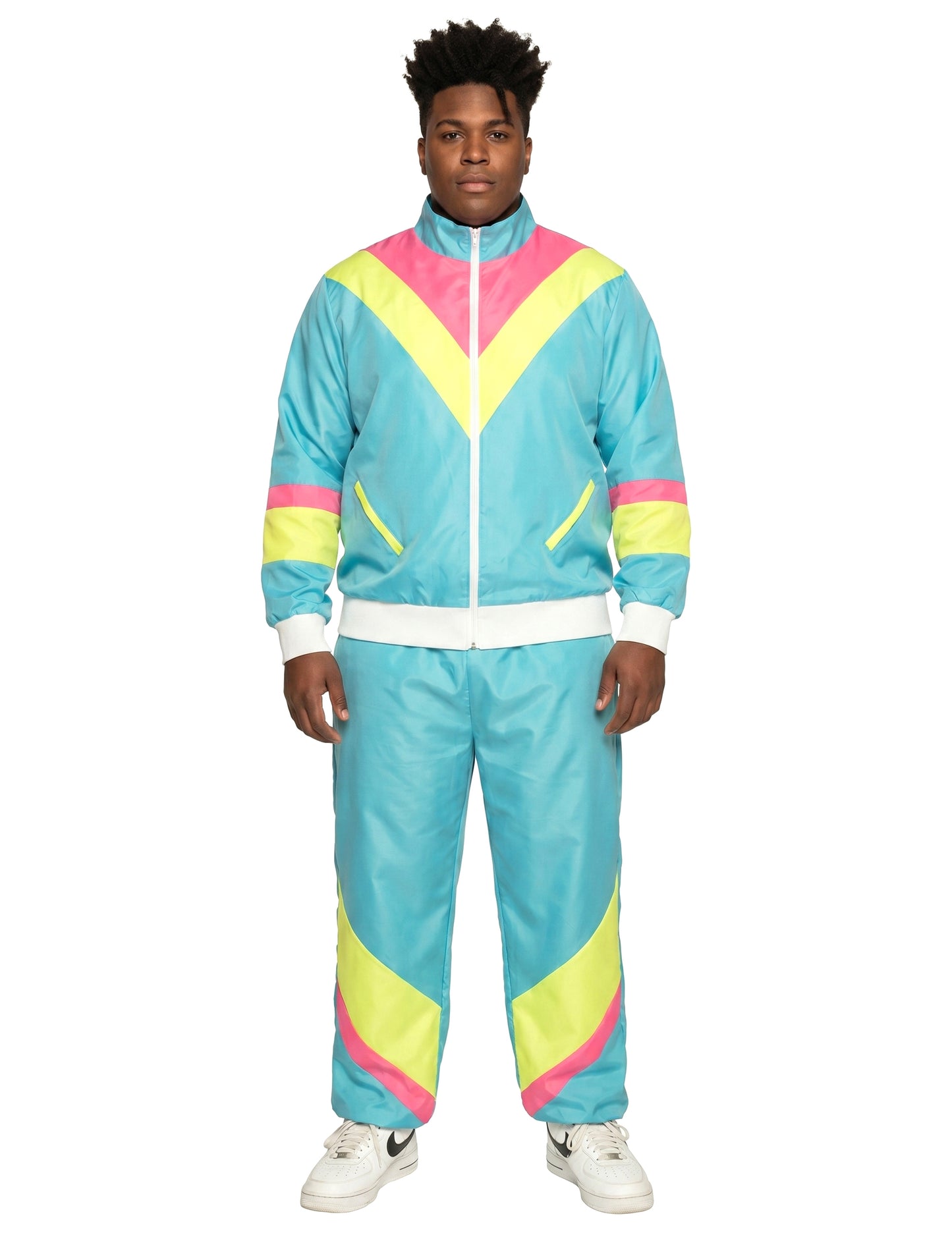 Disfarce de jogging retro azul néon para homem