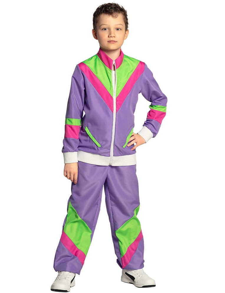 Déguisement jogging rétro pour enfant violet avec bandes vert fluo et rose
