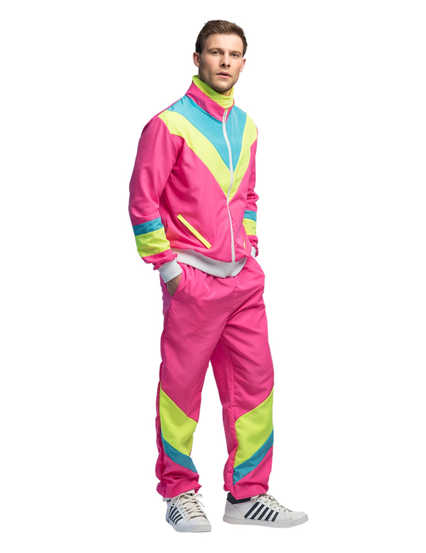 Fato de treino de corrida retro cor-de-rosa néon para homem
