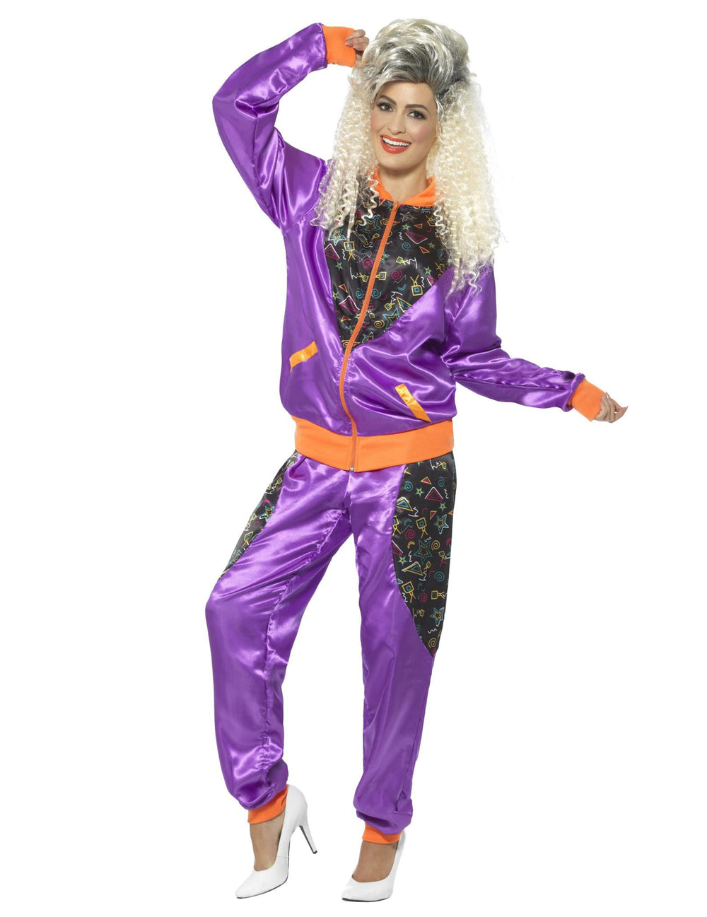 Déguisement jogging rétro pour femme violet et orange avec motifs