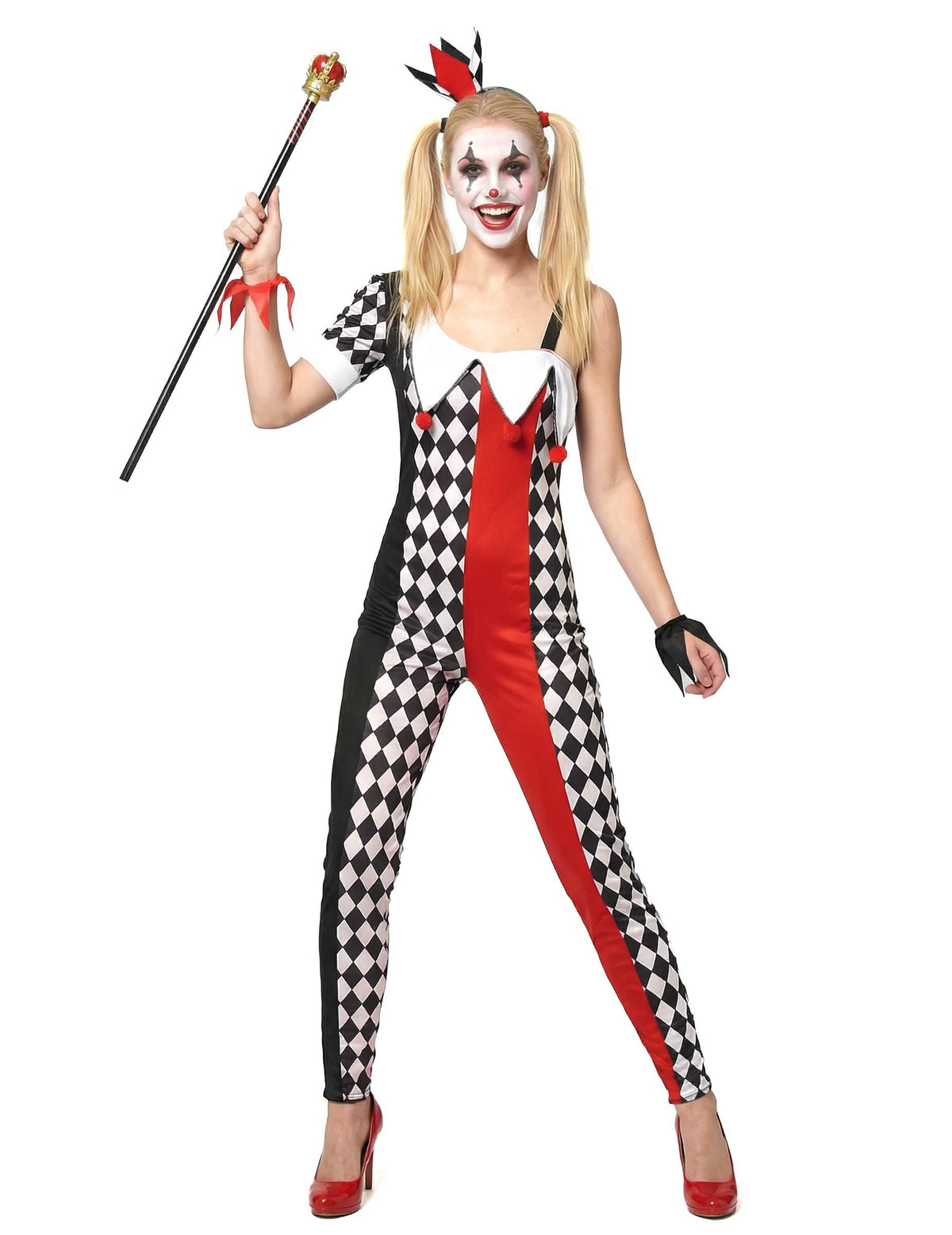 Fato de Joker para mulher vermelho, black and white com losangos