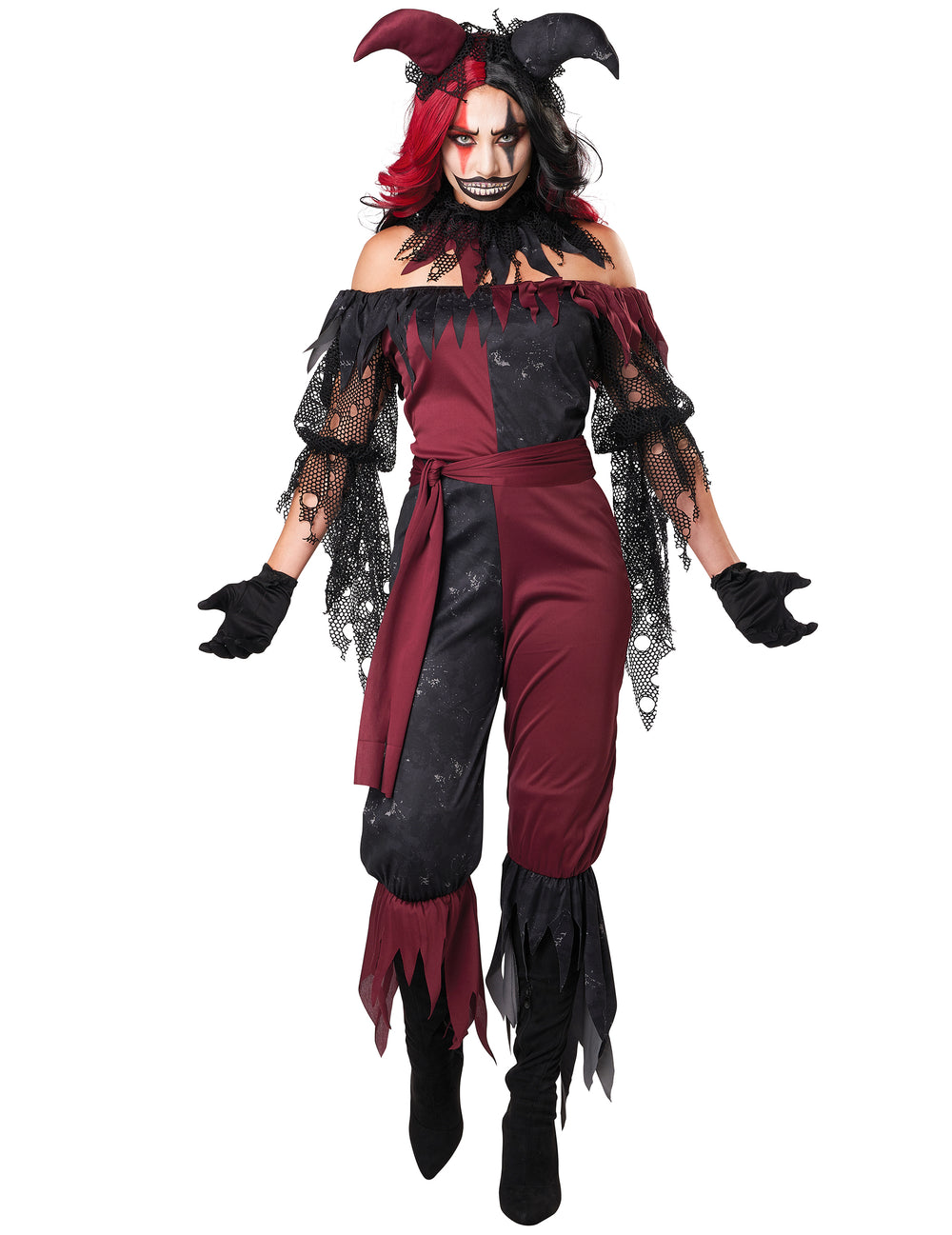 Déguisement joker psychopathe luxe pour femme bicolore rouge et noir avec manches en résille