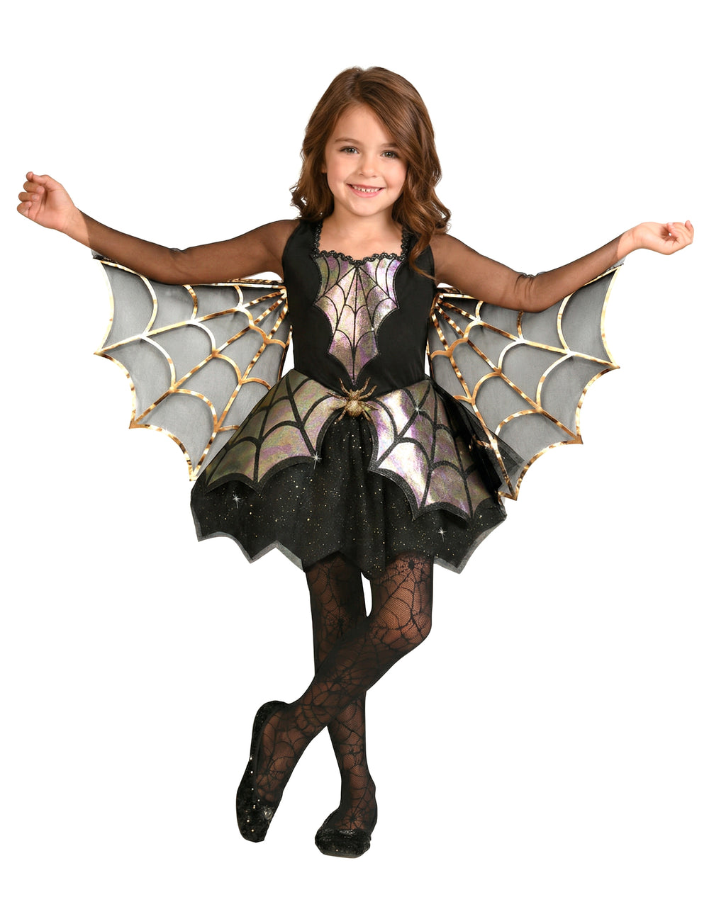 Déguisement de jolie araignée pour fille noir et irisé avec ailes dorées