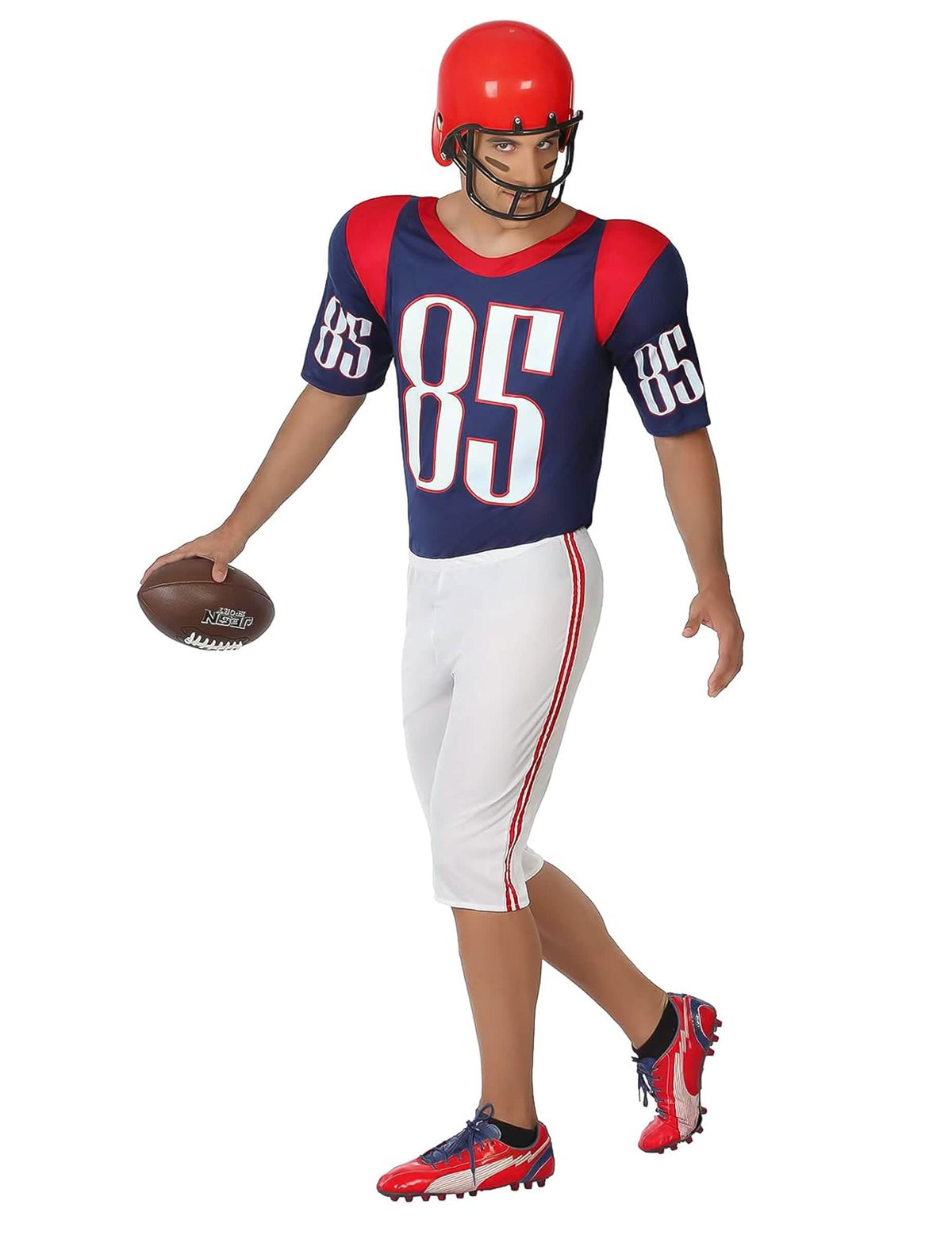 Fato de jogador de futebol americano para homem azul branco e vermelho com capacete
