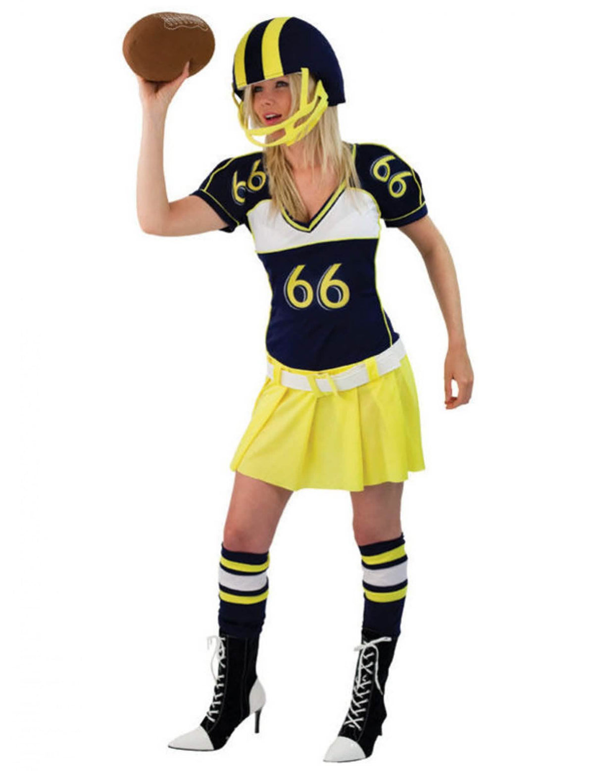 Fato de jogadora de futebol americano para mulher amarelo e azul com capacete e bola