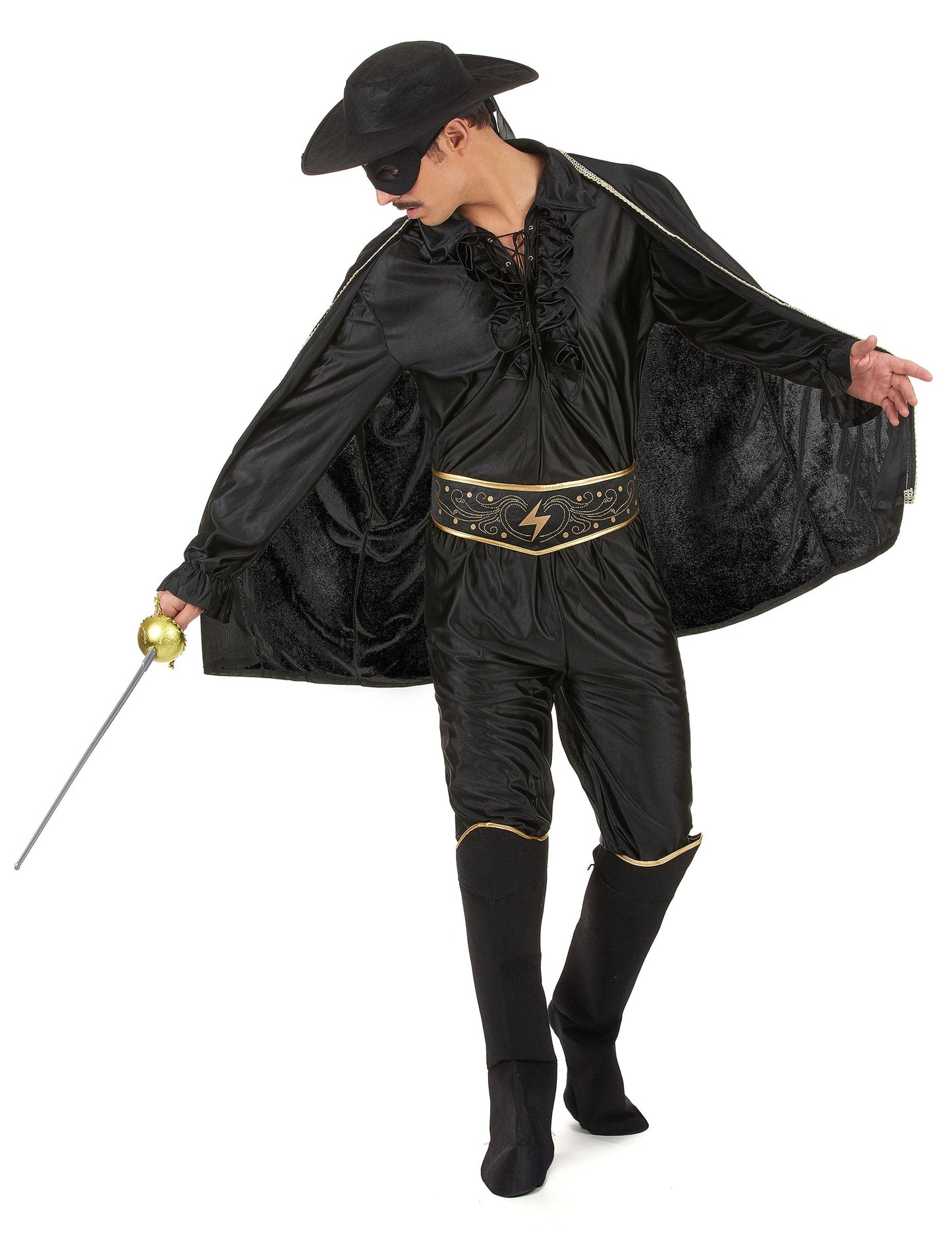 Déguisement de justicier pour homme noir et doré avec cape et chapeau