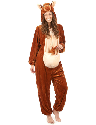Déguisement de kangourou pour adulte marron avec poche ventrale et peluche