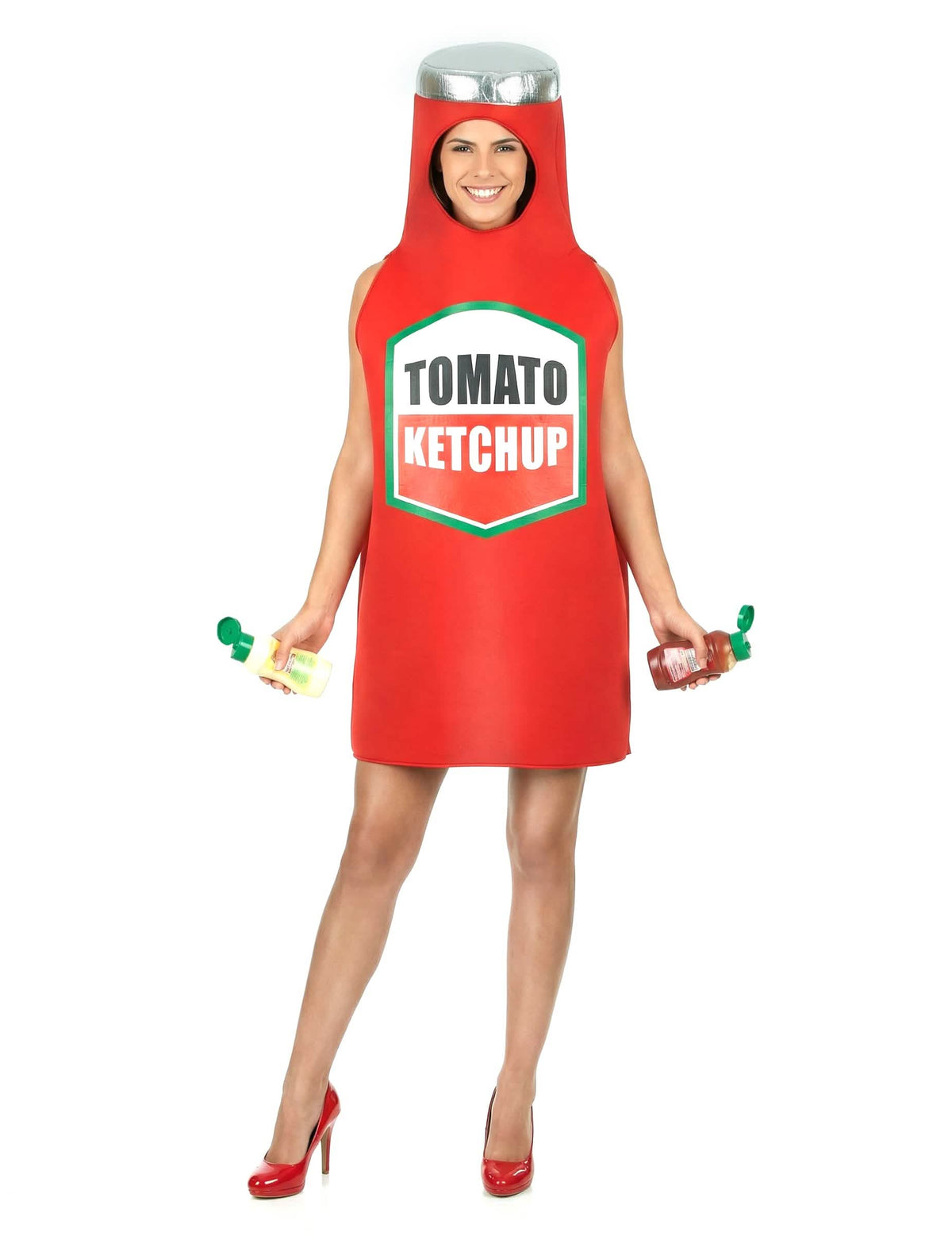 Vista frontal com acessórios do fato de ketchup para adulto