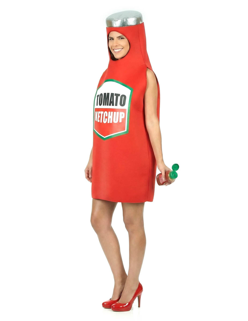Vista de três quartos do disfarce de ketchup para adulto