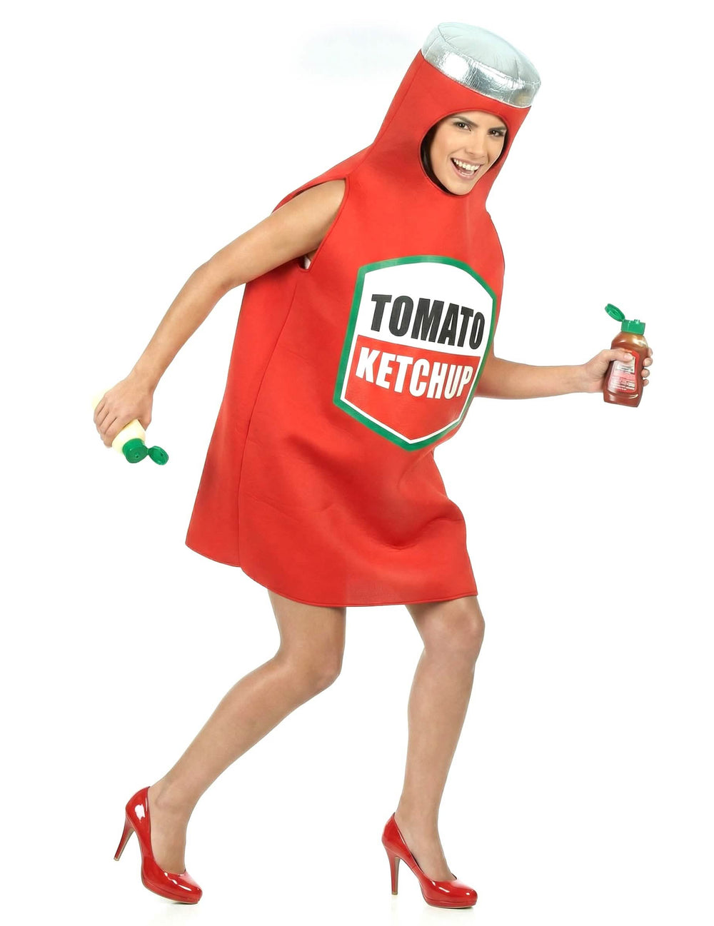 Vista frontal em ação do fato de ketchup para adulto