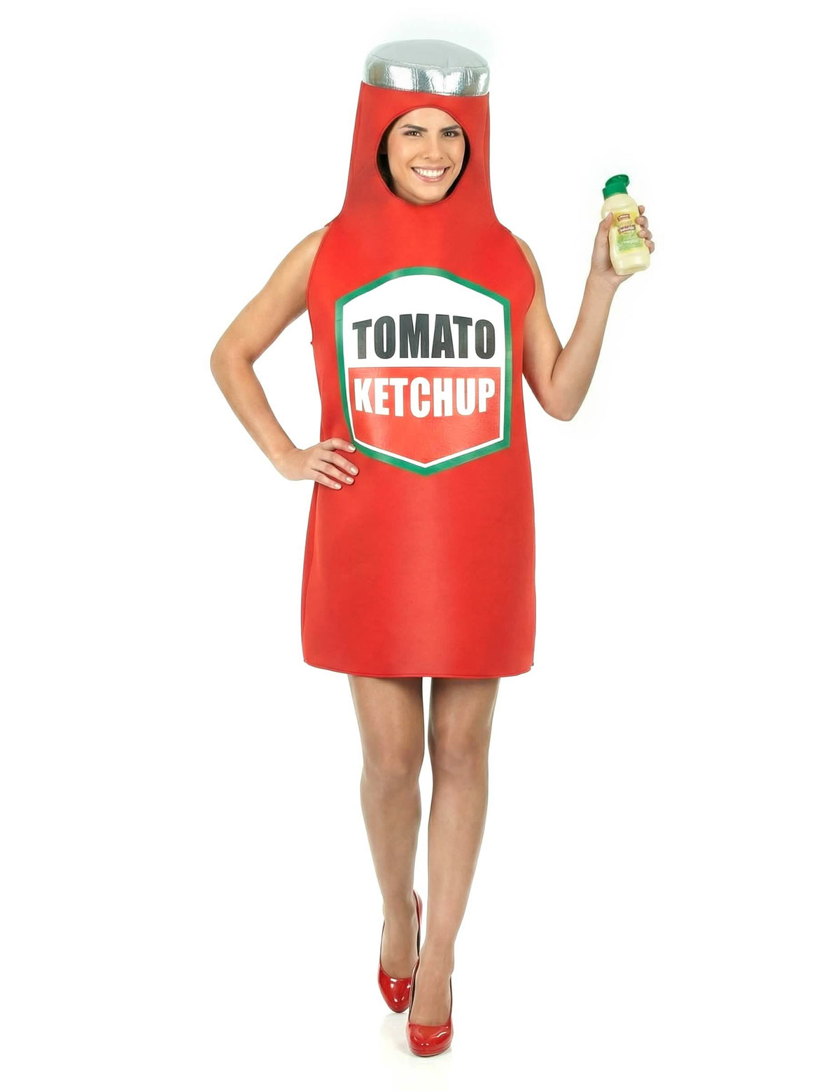 Vista frontal com frasco de molho do disfarce de ketchup para adulto