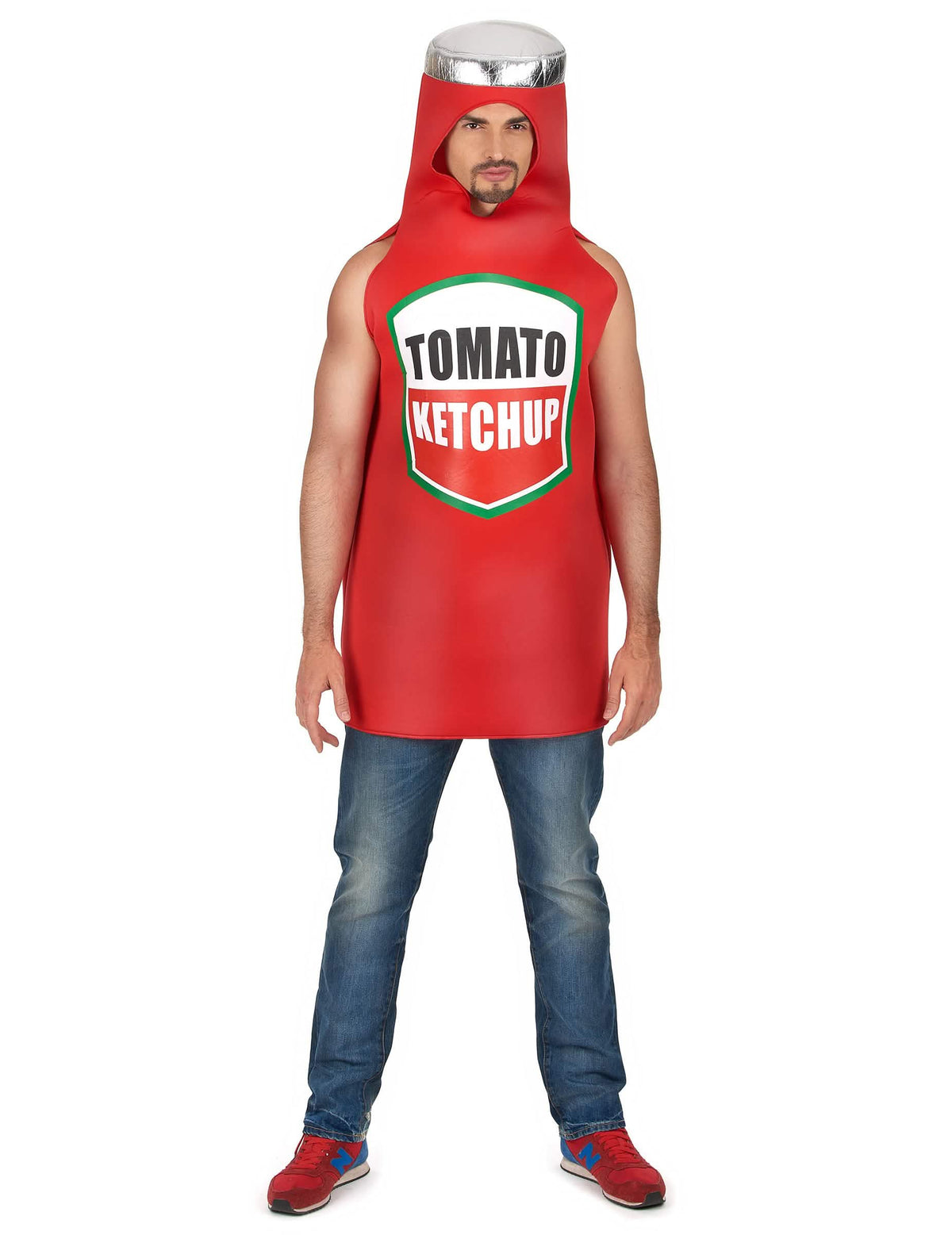 Fato de ketchup para adulto vermelho com logótipo e tampa prateado