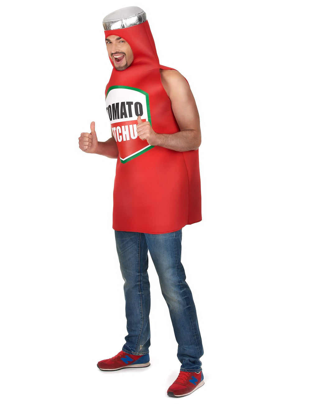 Vista de perfil do disfarce de ketchup para adulto