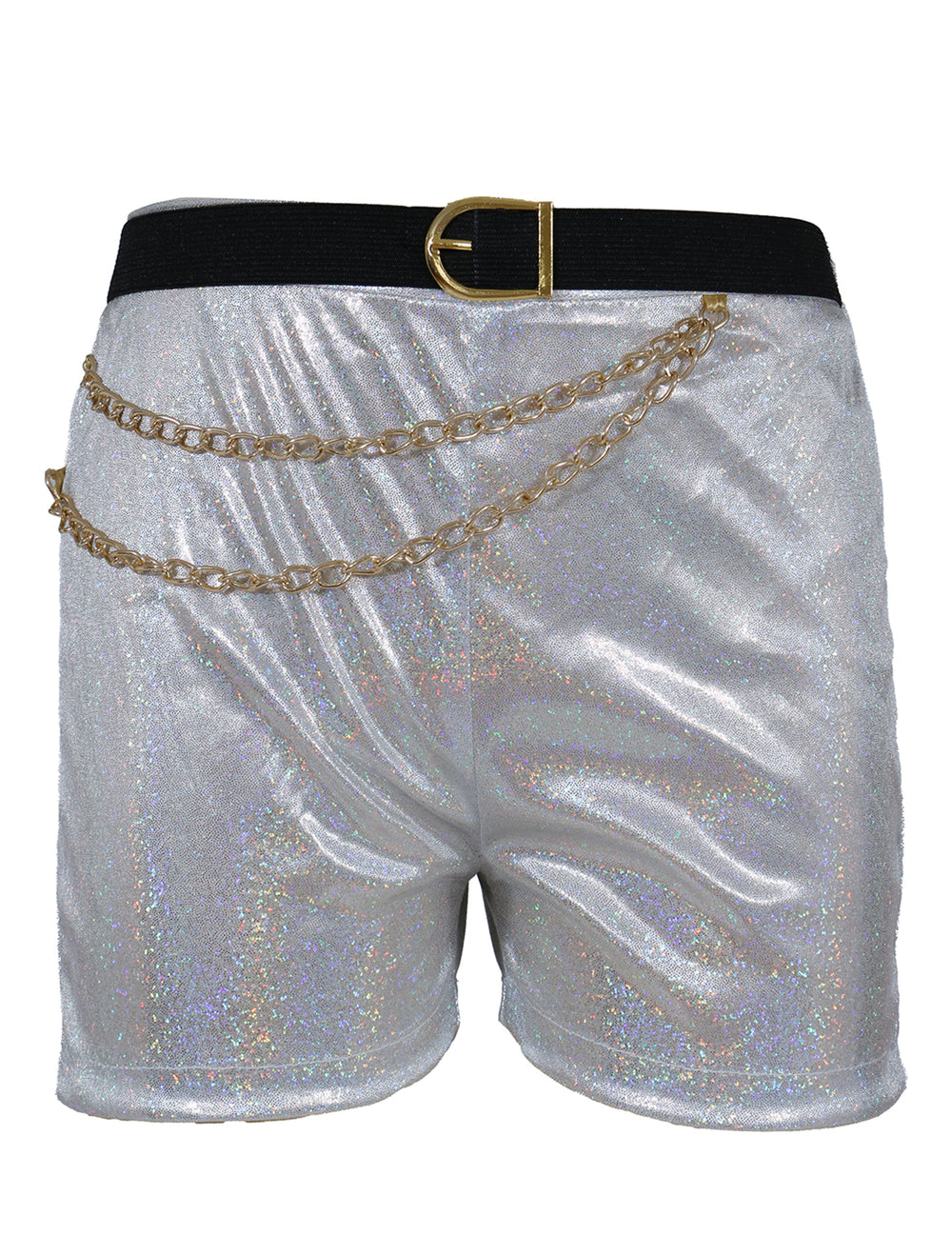 Détail du short avec chaînes dorées du déguisement Kpop star iridescent