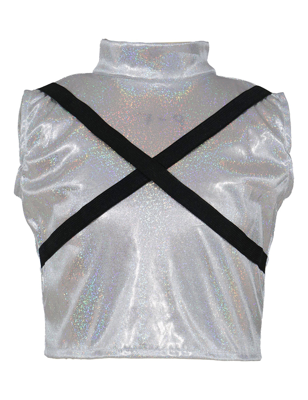 Détail du haut argenté avec sangles noires croisées du déguisement Kpop star iridescent