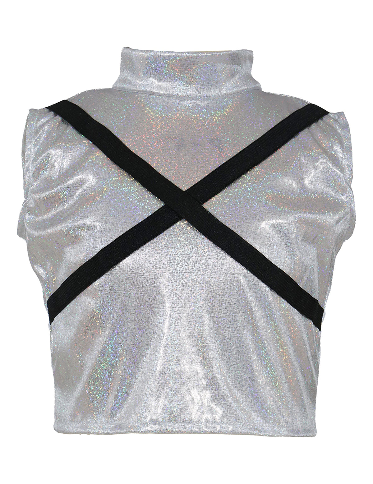 Détail du haut argenté avec sangles noires croisées du déguisement Kpop star iridescent
