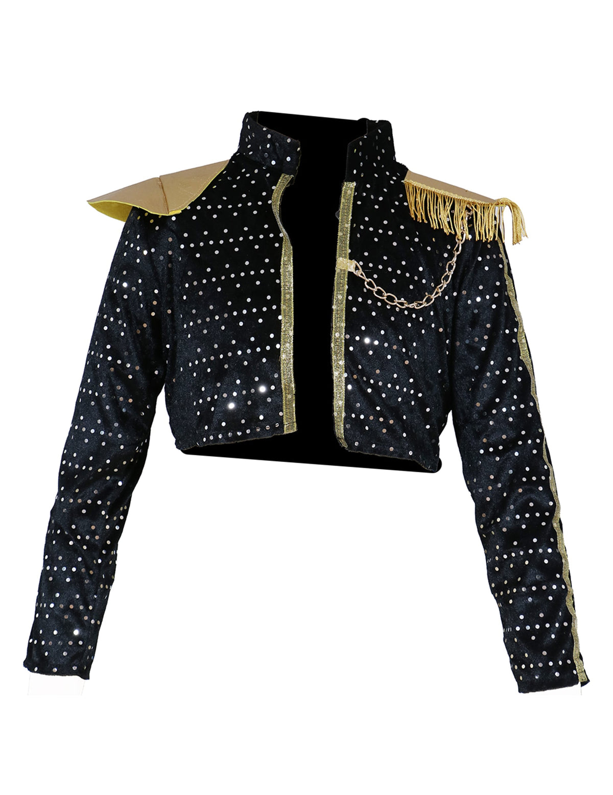 Veste à paillettes noires et épaulettes dorées du déguisement Kpop star iridescent