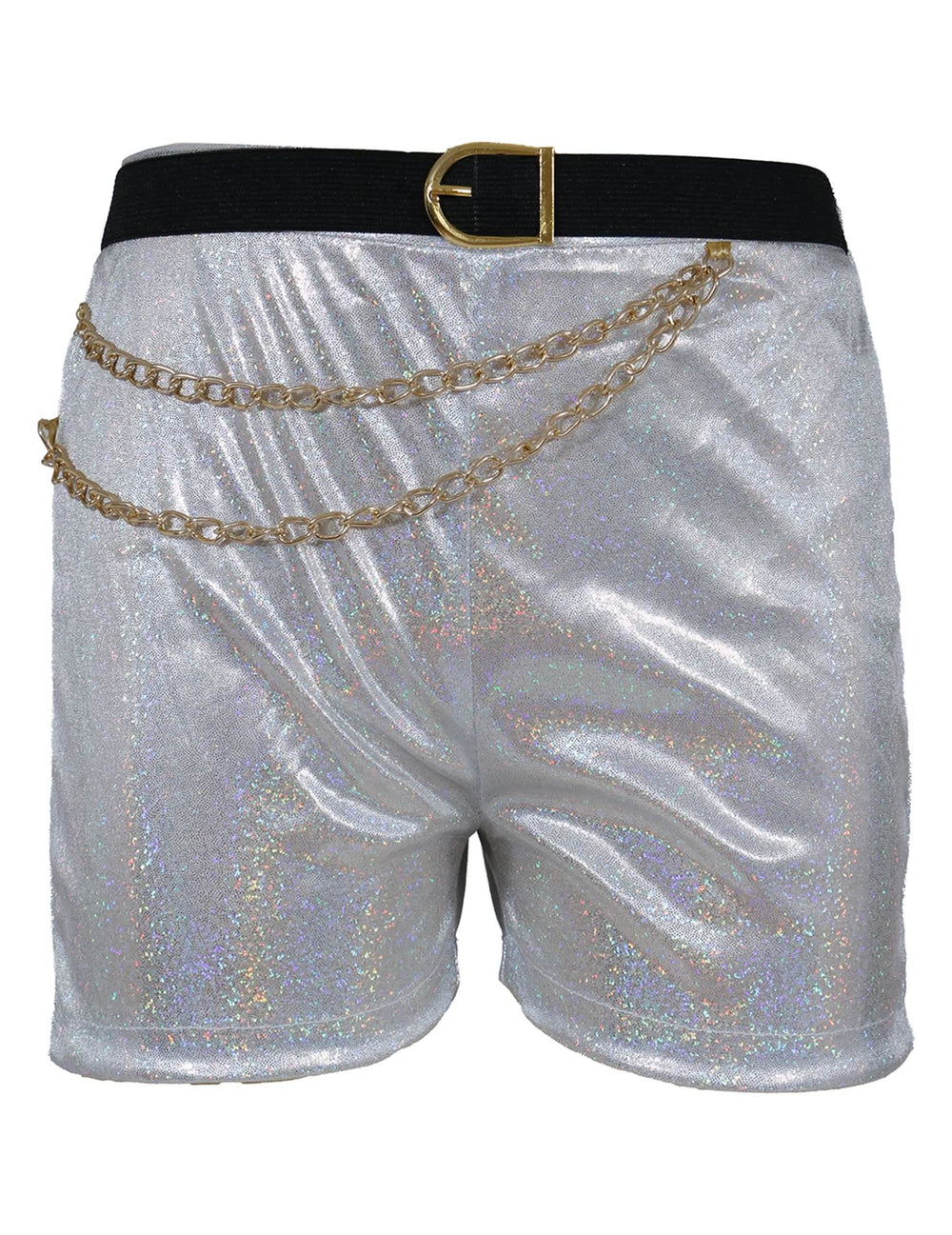 Détail du short avec ceinture et chaînes dorées du déguisement Kpop star iridescent pour fille