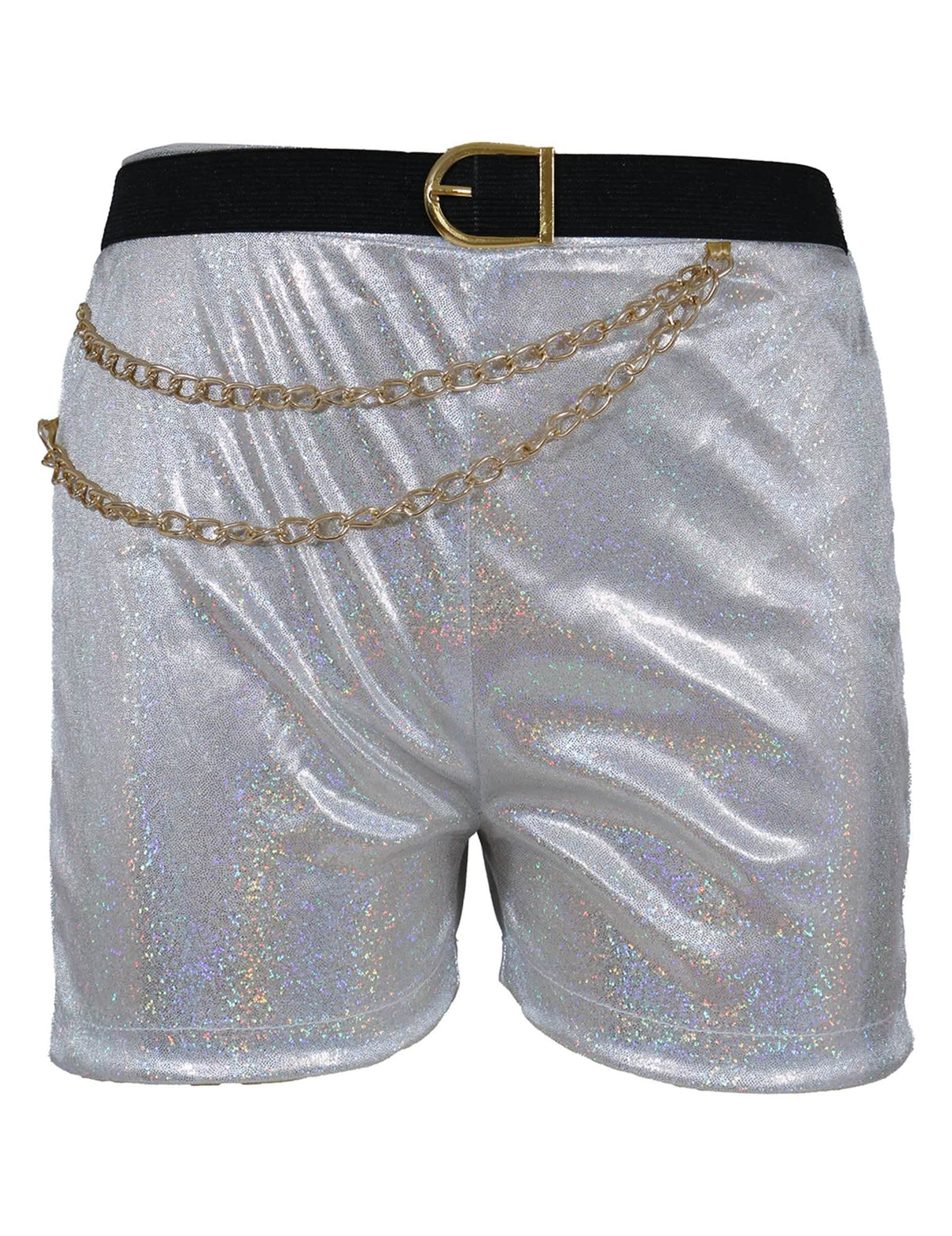 Détail du short avec ceinture et chaînes dorées du déguisement Kpop star iridescent pour fille