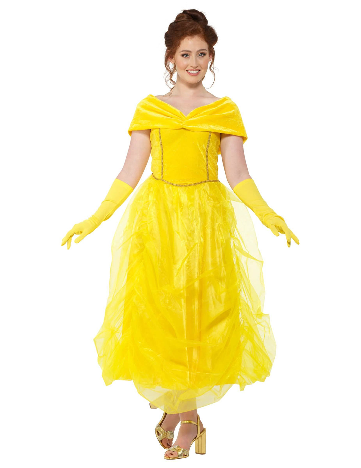 Disfarce de bela princesa para mulher amarelo com luvas