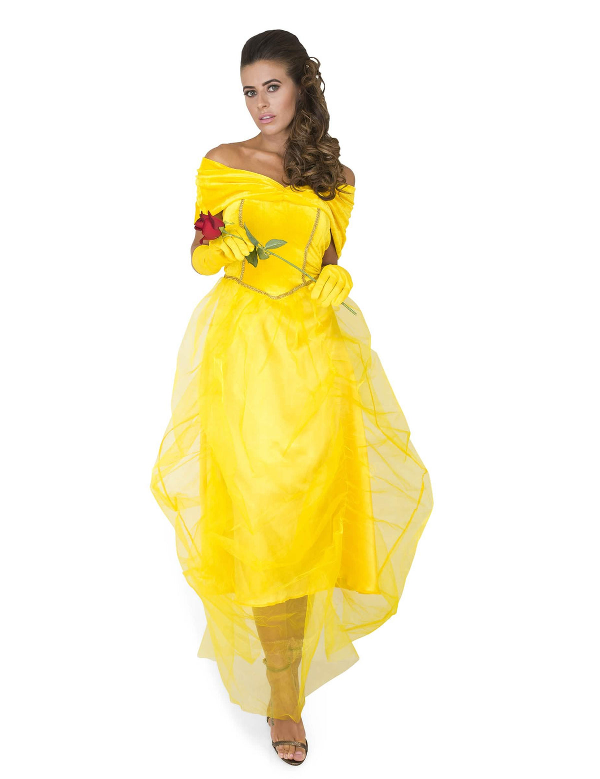 Fato de princesa bela para mulher amarelo com luvas e rosa vermelho