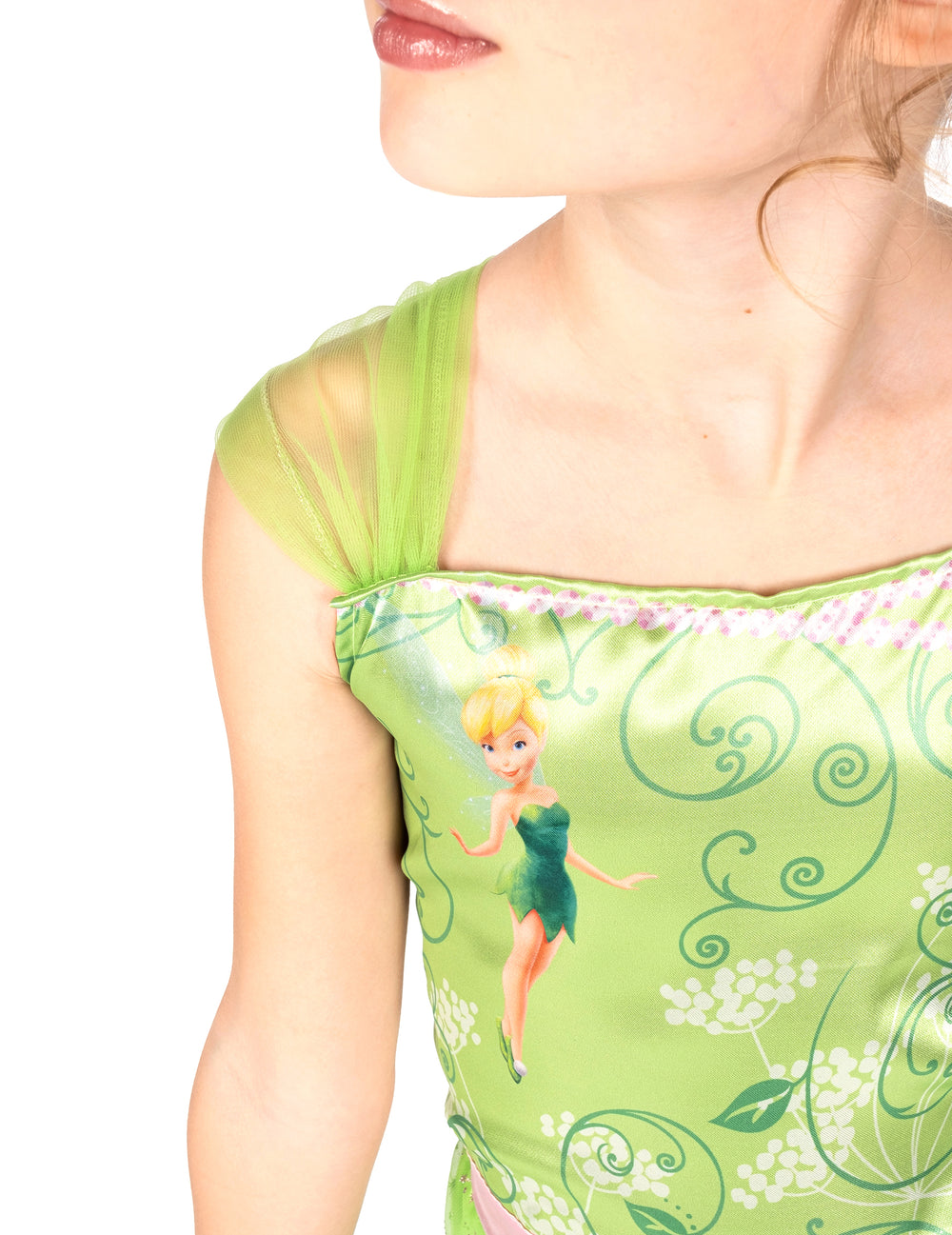 Détail de l'imprimé sur le bustier du déguisement de la Fée Clochette basique