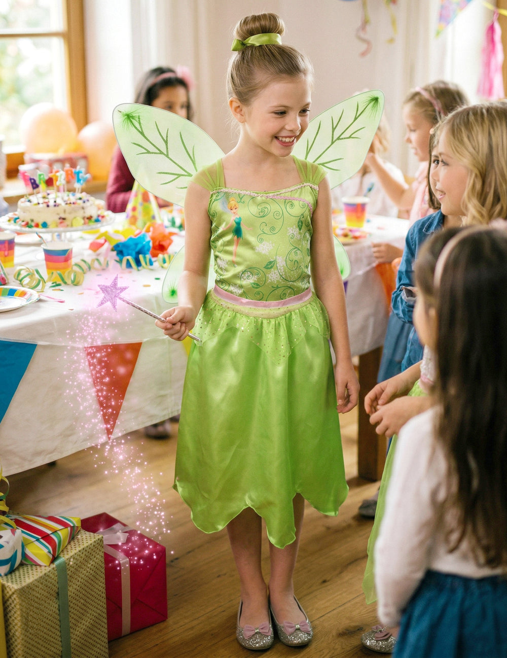 Mise en situation lors d'un anniversaire du déguisement de la Fée Clochette basique pour fille