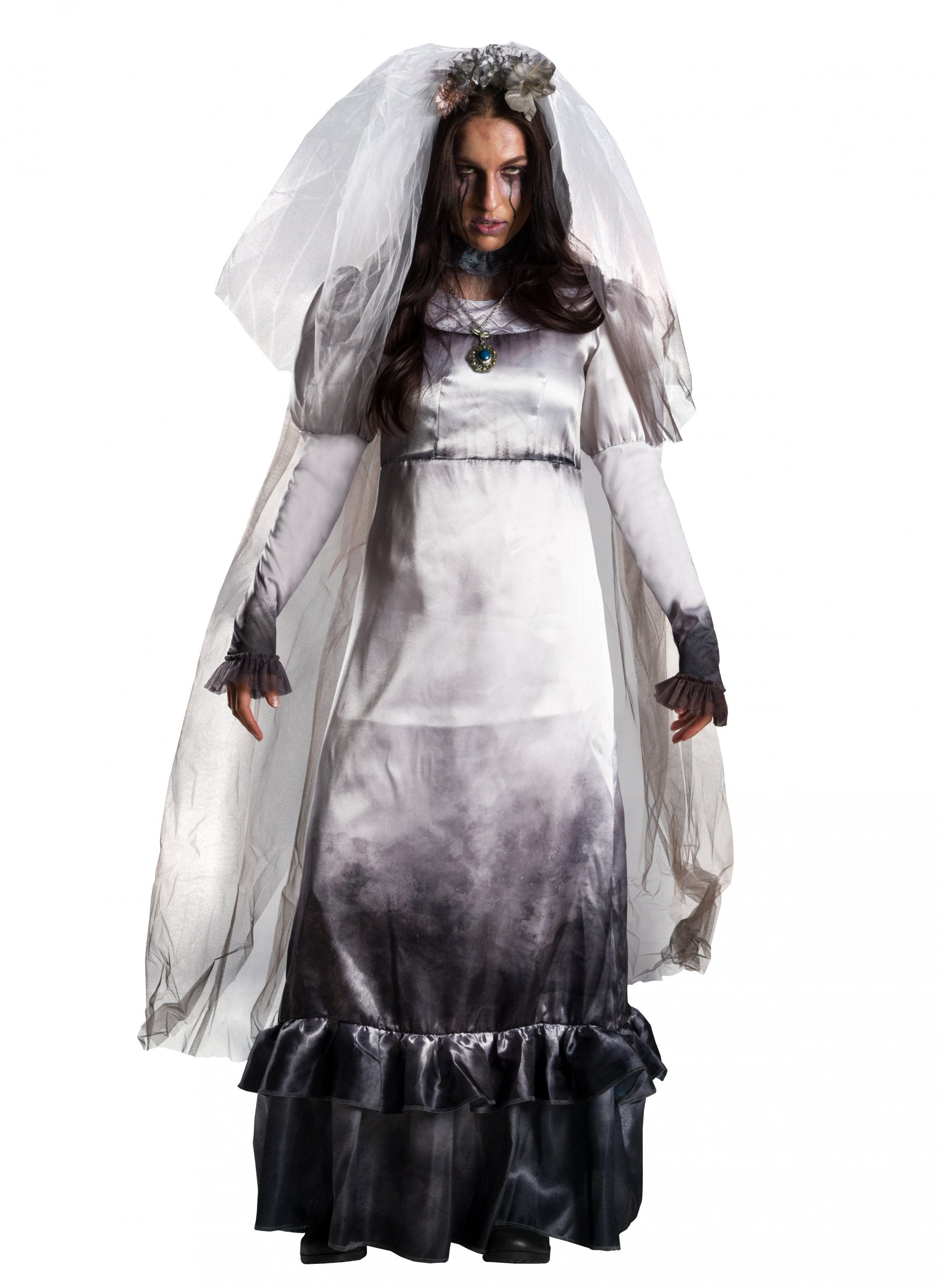 Déguisement La Llorona pour femme blanc et gris avec voile effet dégradé