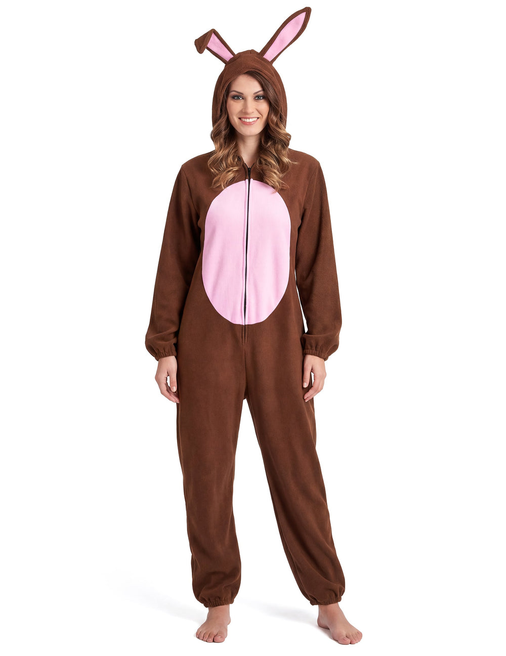 Déguisement de lapin pour femme marron et rose avec capuche à oreilles