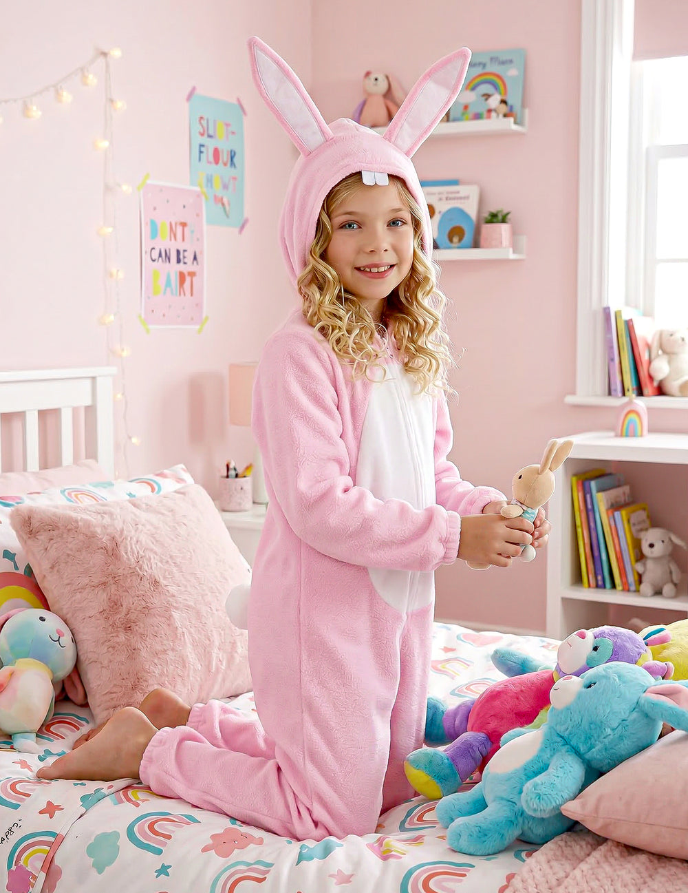 Vue agenouillée du déguisement de lapin pour enfant