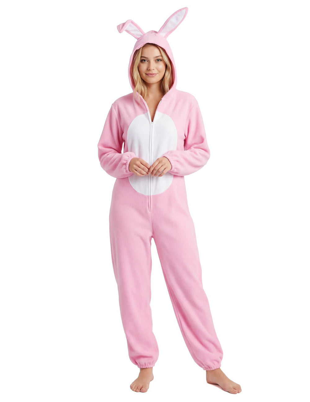 Fato de coelho para mulher cor de rosa e branco com capuz com orelhas