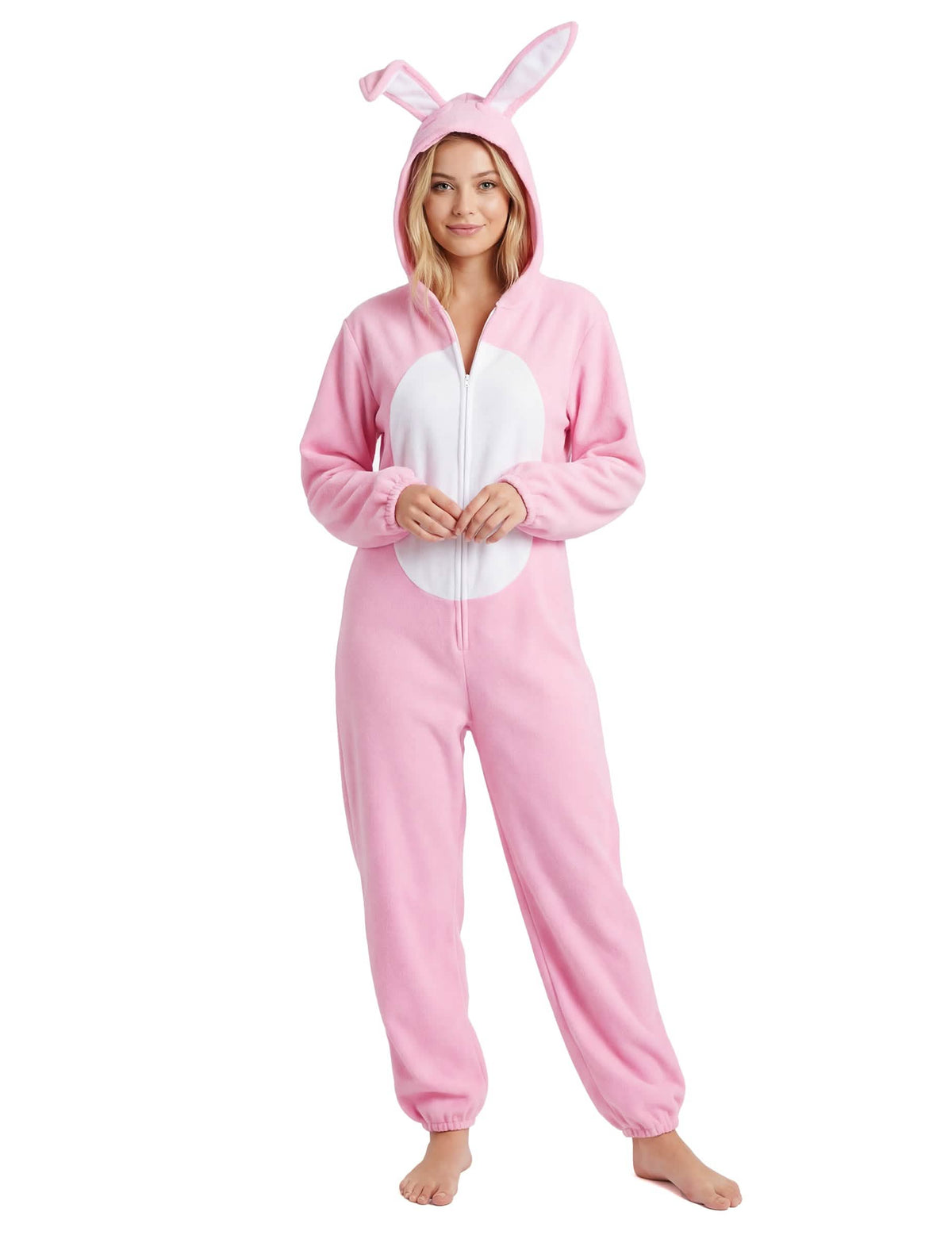 Fato de coelho para mulher cor de rosa e branco com capuz com orelhas