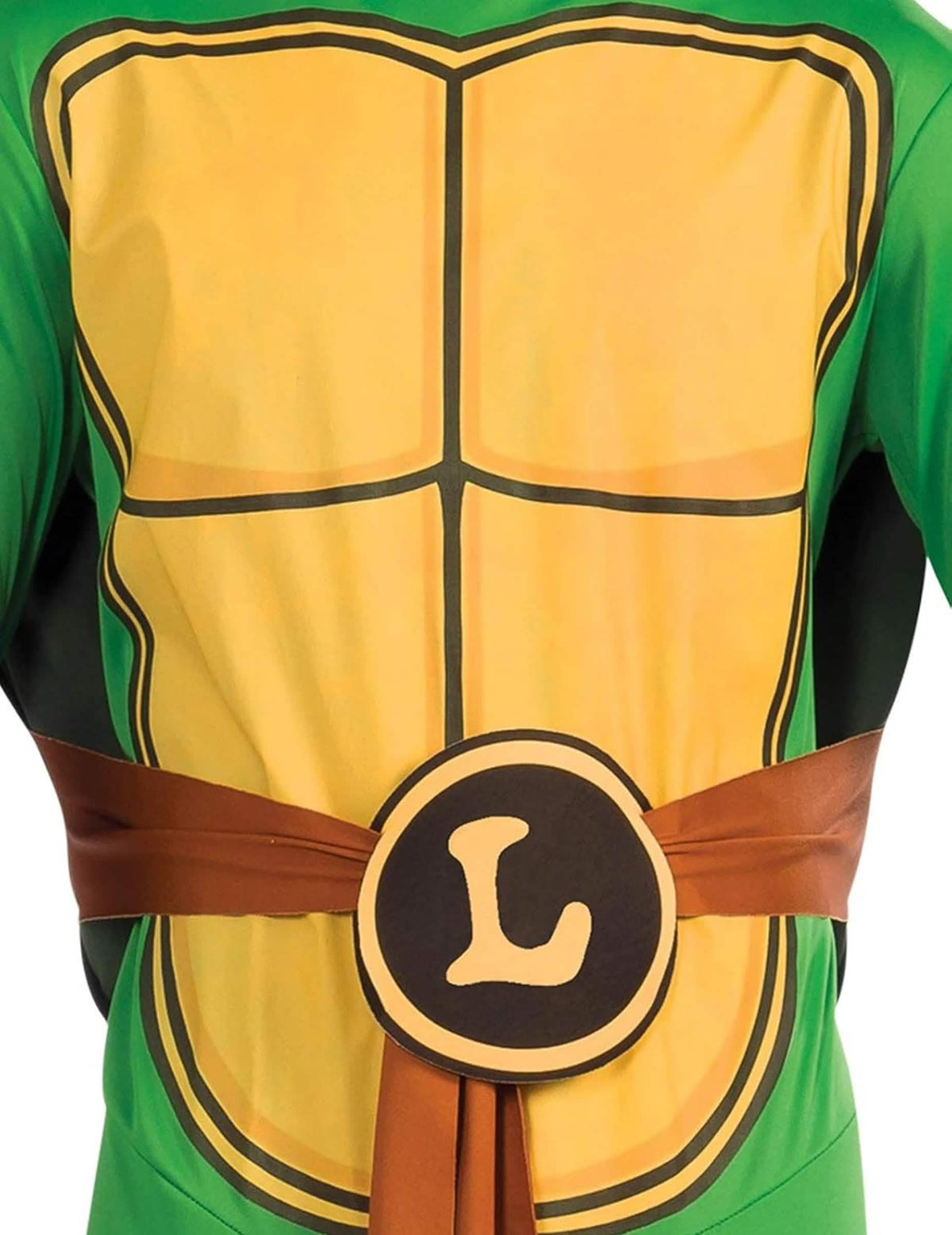 Grande plano no cinto e no peitoral do fato clássico do Leonardo Tarteruga Ninja